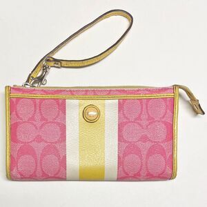 Coach Signature Monogram Wallet Pink w/White Yellow Stripe Wristlet Strap